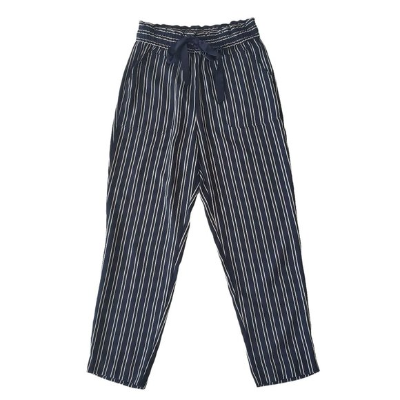 ZARA Women's Navy Blue/White Striped Drawstring Paperbag Pants Size XS - Picture 2 of 16
